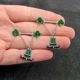 14G 11/16 Leprechaun Legs Shamrock Chain Dangle Nipple Ring Set