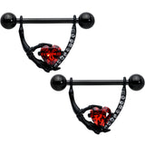 14G 11/16 Red Clear CZ Gem Heart Claw Hand Dangle Nipple Ring Set