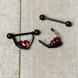 14G 11/16 Red Clear CZ Gem Heart Claw Hand Dangle Nipple Ring Set
