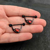 14G 11/16 Red Clear CZ Gem Heart Claw Hand Dangle Nipple Ring Set