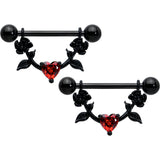 14G 11/16 Red CZ Gem Black Heart Flower Dangle Nipple Ring Set