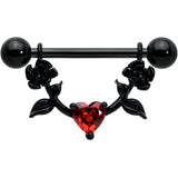 14G 11/16 Red CZ Gem Black Heart Flower Dangle Nipple Ring Set