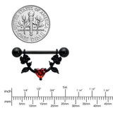 14G 11/16 Red CZ Gem Black Heart Flower Dangle Nipple Ring Set