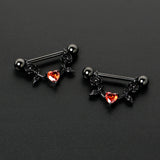 14G 11/16 Red CZ Gem Black Heart Flower Dangle Nipple Ring Set