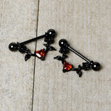 14G 11/16 Red CZ Gem Black Heart Flower Dangle Nipple Ring Set