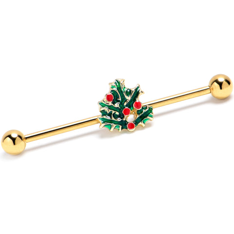 14G Gold Tone Festive Holly Sprig Industrial Barbell 38mm