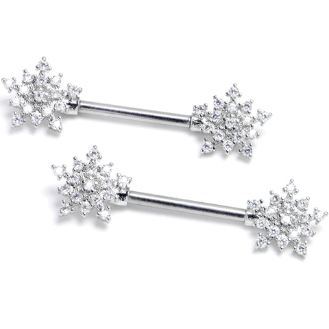 14G 9/16 Clear Gem Classic Snowflake Barbell Nipple Ring Set