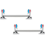 14G 9/16 Easter Bunny Blue Red Ears Barbell Nipple Ring Set