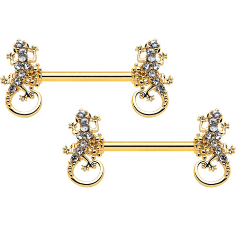 14G 9/16 Clear Gem Gold Hue Luscious Lizard Barbell Nipple Ring Set