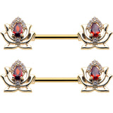 14G 9/16 Red Gem Gold Tone Royal Lotus Barbell Nipple Ring Set