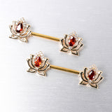 14G 9/16 Red Gem Gold Tone Royal Lotus Barbell Nipple Ring Set