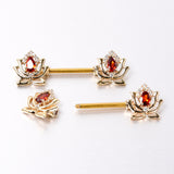 14G 9/16 Red Gem Gold Tone Royal Lotus Barbell Nipple Ring Set