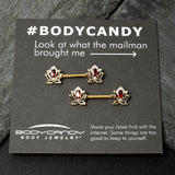 14G 9/16 Red Gem Gold Tone Royal Lotus Barbell Nipple Ring Set