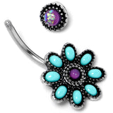 Blue Faux Opal Flower Teal Petals Double Mount Belly Ring