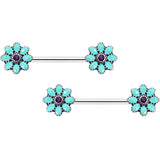 14G 9/16 Blue Faux Opal Flower Teal Petals Barbell Nipple Ring Set