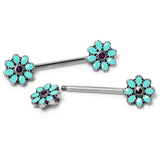 14G 9/16 Blue Faux Opal Flower Teal Petals Barbell Nipple Ring Set