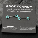 14G 9/16 Blue Faux Opal Flower Teal Petals Barbell Nipple Ring Set