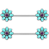 14G 9/16 Blue Faux Opal Flower Teal Petals Barbell Nipple Ring Set