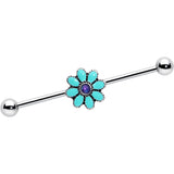 14G Blue Faux Opal Flower Teal Petals Industrial Barbell 38mm