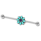 14G Blue Faux Opal Flower Teal Petals Industrial Barbell 38mm