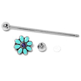 14G Blue Faux Opal Flower Teal Petals Industrial Barbell 38mm