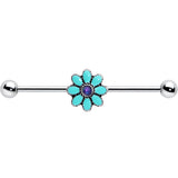 14G Blue Faux Opal Flower Teal Petals Industrial Barbell 38mm