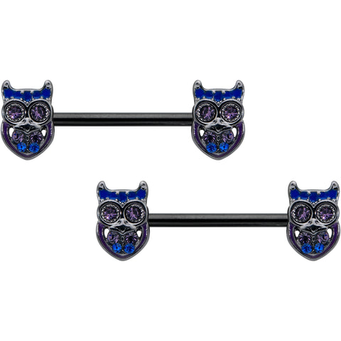 14G 9/16 Purple Blue Gem Black Opulent Owl Barbell Nipple Ring Set