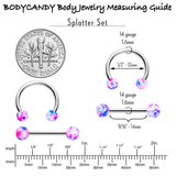 14G 9/16 1/2 Splatter Blue Pink Barbell Horseshoe Nipple Ring Set of 4