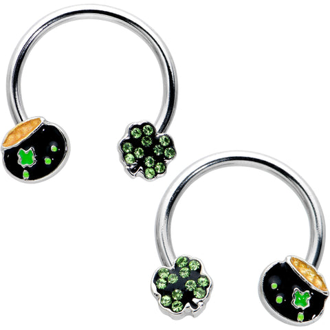 14G 9/16 Green Gem Shamrock Pot of Gold Horseshoe Nipple Ring Set