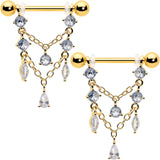 14G  9/16 Clear Gem Gold Tone Double Chain Dangle Nipple Ring Set