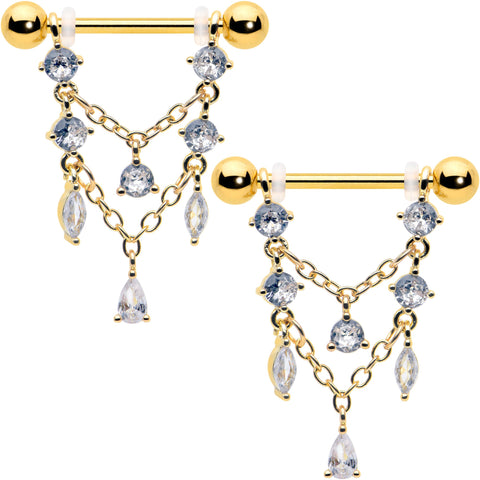 14G  9/16 Clear Gem Gold Tone Double Chain Dangle Nipple Ring Set