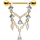 14G  9/16 Clear Gem Gold Tone Double Chain Dangle Nipple Ring Set