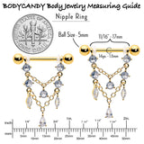 14G  9/16 Clear Gem Gold Tone Double Chain Dangle Nipple Ring Set