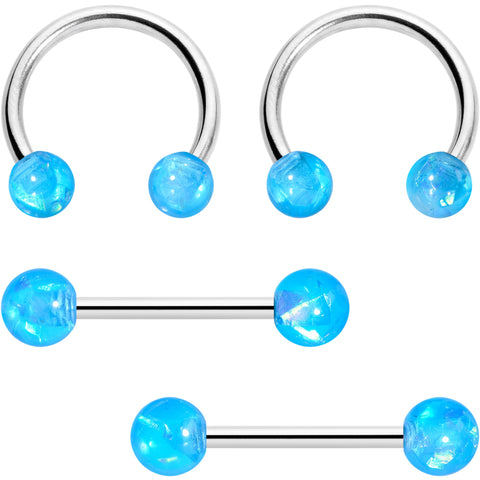 14G 9/16 Blue Faux Opal Horseshoe Barbell Nipple Ring Set of 4