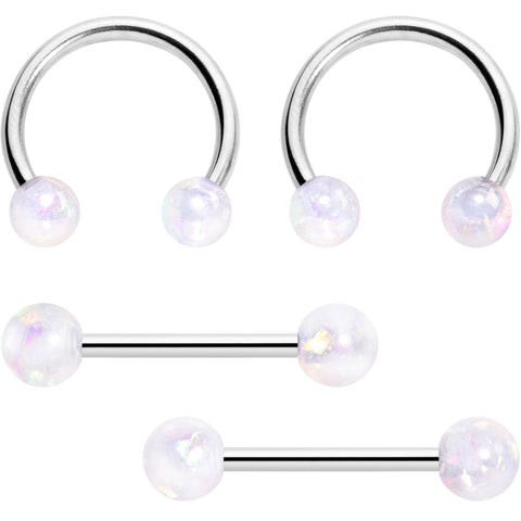 14G 9/16 White Faux Opal Horseshoe Barbell Nipple Ring Set of 4