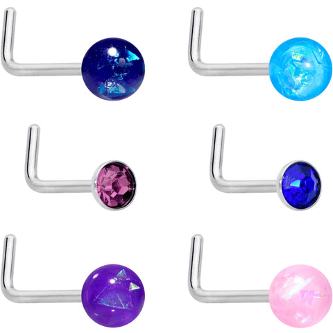 20G 1/4 Purple Gem Blue Pink Faux Opal Pack L Shape Nose Ring Set of 6
