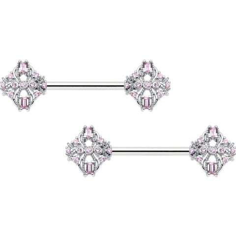 14G 9/16 Pink Gem Opulent Cross Barbell Nipple Ring Set