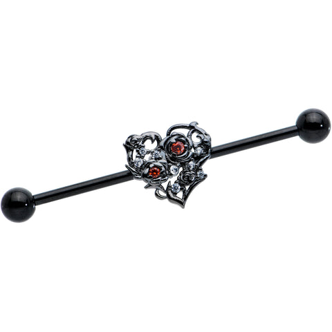 14G Clear Red CZ Gem Black Heart Floral Industrial Barbell 38mm