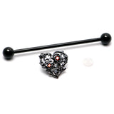 14G Clear Red CZ Gem Black Heart Floral Industrial Barbell 38mm