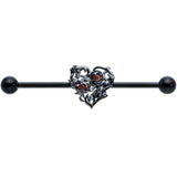14G Clear Red CZ Gem Black Heart Floral Industrial Barbell 38mm
