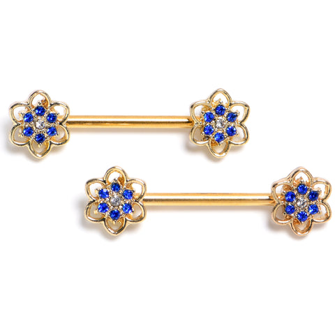 14G 9/16 Blue Gem Gold Tone Radiant Bloom Flower Barbell Nipple Ring Set