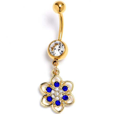 Clear Blue Gem Gold Tone Radiant Bloom Dangle Belly Ring