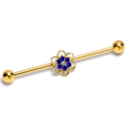 14G Blue Gem Gold Tone Radiant Bloom Flower Industrial Barbell 38mm