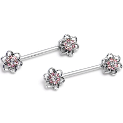 14G 9/16 Pink Gem Radiant Blossom Flower Barbell Nipple Ring Set