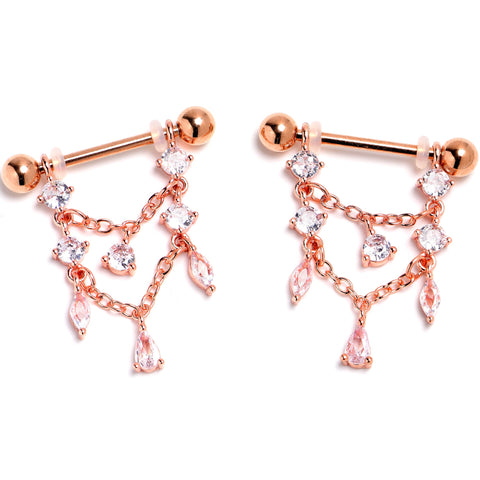14G 9/16 Clear Gem Rosy Tone Double Chain Dangle Nipple Ring Set