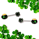 14G 9/16 Green Gem Shamrock Pot of Gold Barbell Nipple Ring Set