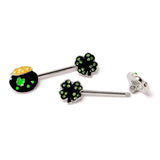 14G 9/16 Green Gem Shamrock Pot of Gold Barbell Nipple Ring Set