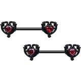 14G 9/16 Red CZ Gem Black Passion Heart Barbell Nipple Ring Set