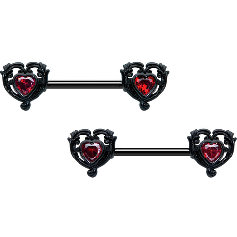 14G 9/16 Red CZ Gem Black Passion Heart Barbell Nipple Ring Set