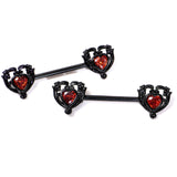 14G 9/16 Red CZ Gem Black Passion Heart Barbell Nipple Ring Set